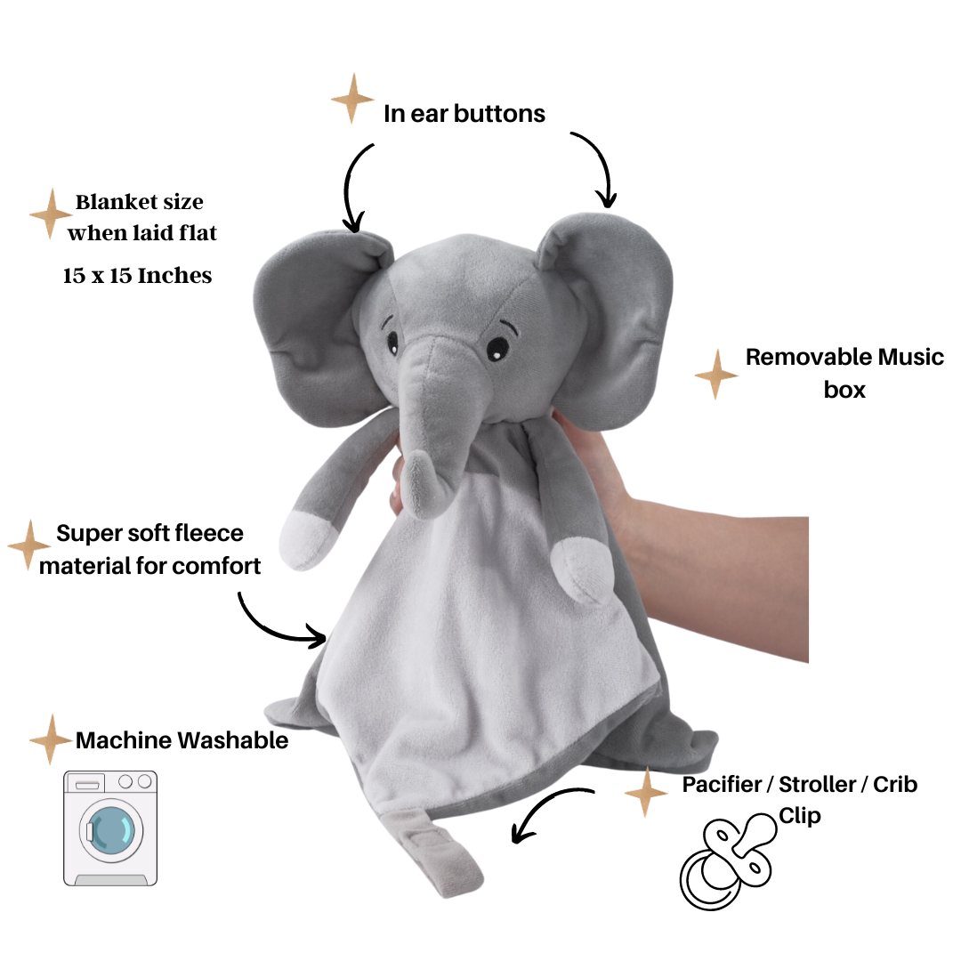 love by emi white noise and lullaby comforter lovey Ellie the Elephant description image of beautiful practical features