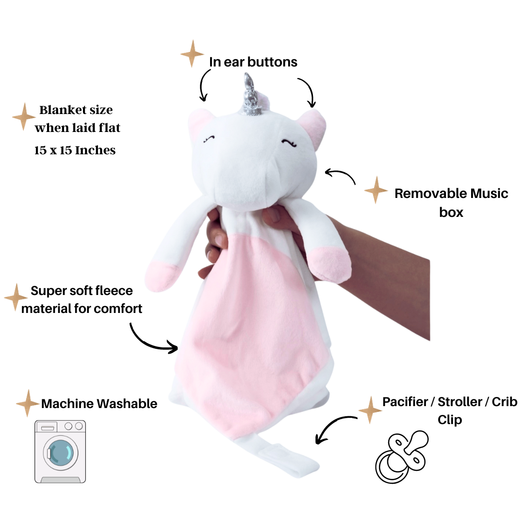 love by emi white noise and lullaby comforter Maisie the unicorn lovey description image of beautiful practical features